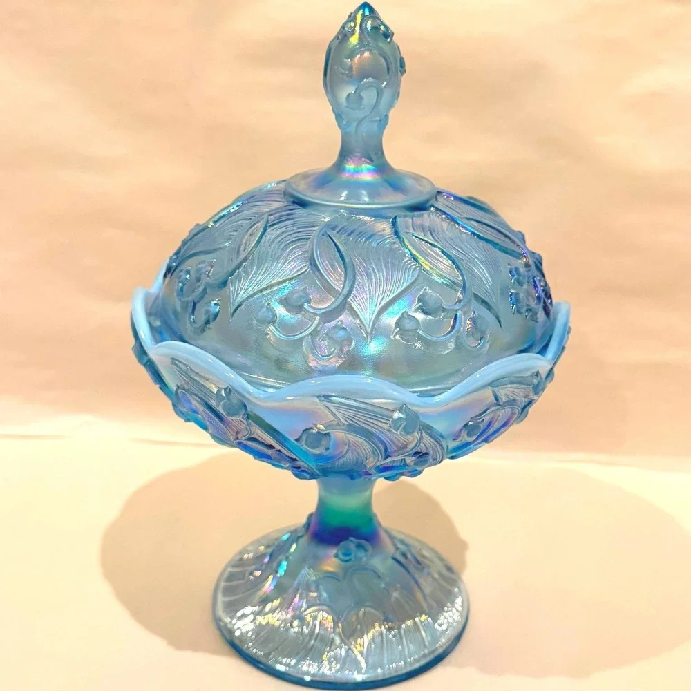 Fenton Lily of the Valley Blue Opalescent Moon Glass Lidded Candy Dish Vintage